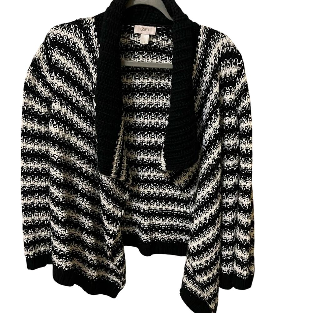 Loft Black & White Striped Cardigan Women's Size Small Open Front Sweater Cabin